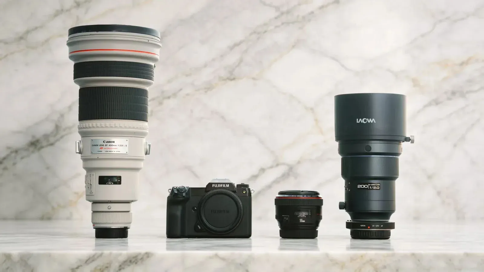 Canon 400mm F2.8、GFX100S、Canon 50mm F1.2、LAOWA 200mm F2のテスト機材